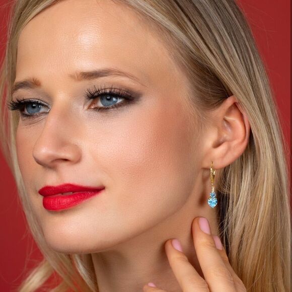 18K Yellow Gold with 3.74 Cttw Swiss Blue Topaz and Diamond Heart Drop0 Earrings - Picture 3 of 4